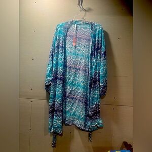 Pinkblush Teal, Blue, Grey Lace Look Pattern Robe size XL NWT